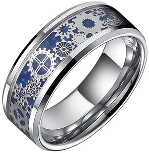8mm Carbon Fiber Steampunk Gear Inlay Tungsten Ring Wedding Band