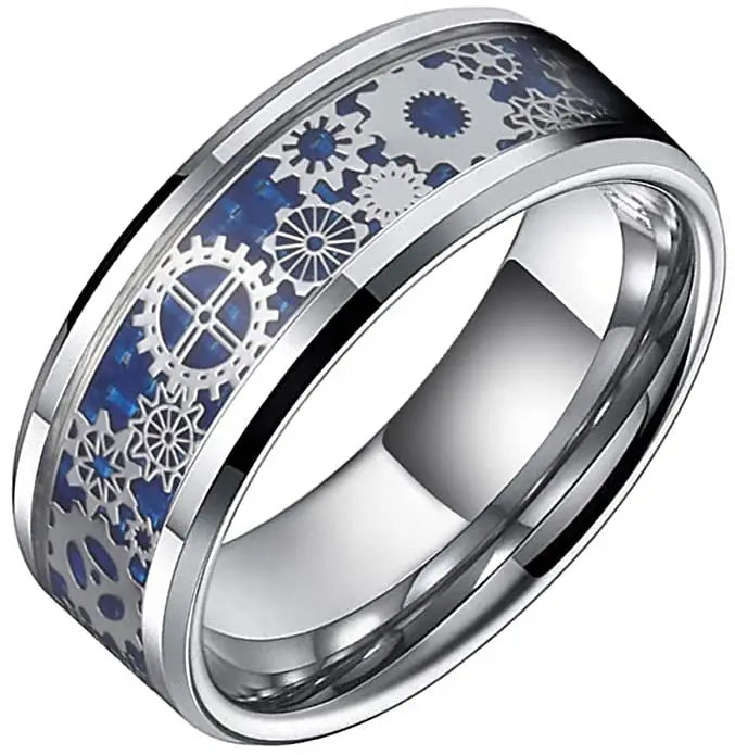 8mm Carbon Fiber Steampunk Gear Inlay Tungsten Ring Wedding Band