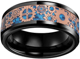 8mm Carbon Fiber Steampunk Gear Inlay Tungsten Ring Wedding Band