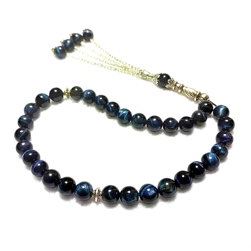 8mm Tiger Eyes Natural Stone 33 Prayer Beads Alloy Tassel Islamic Tasbih Allah
