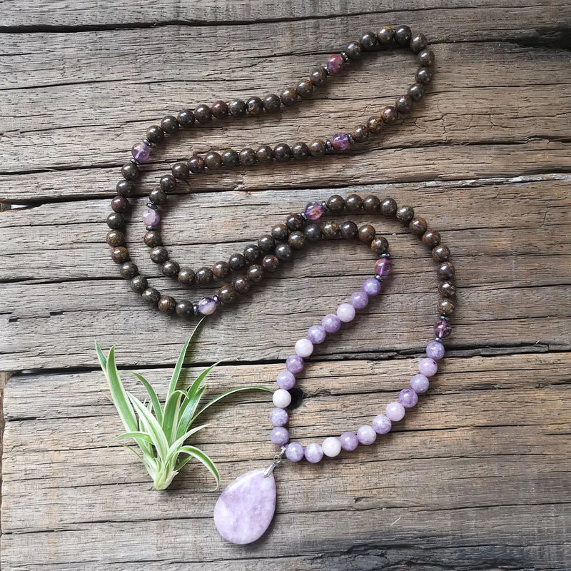 8mm Bronzite And Lodolite Beads, Purple Stone Pendant