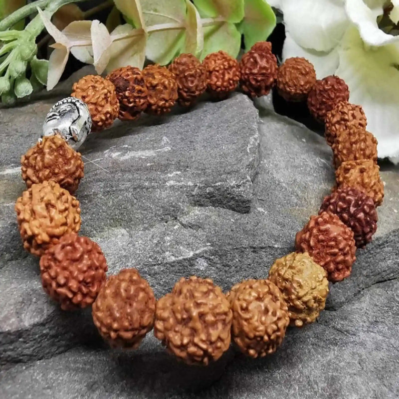 8mm Brown Rudraksha Buddha Coconut Wood Silver Beads Bracelet