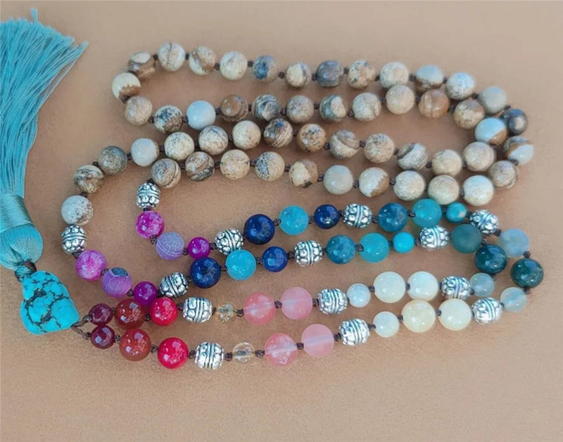 8mm Chakra 108 Beads Tassel Knotted Necklace Cuff Buddhism Lucky