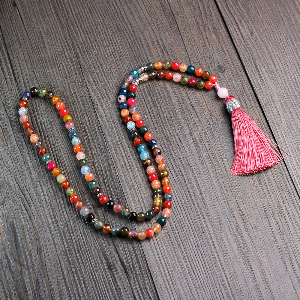 8mm Agate Jasper Women Necklace with Tassel Pendant