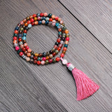 8mm Agate Jasper Women Necklace with Tassel Pendant