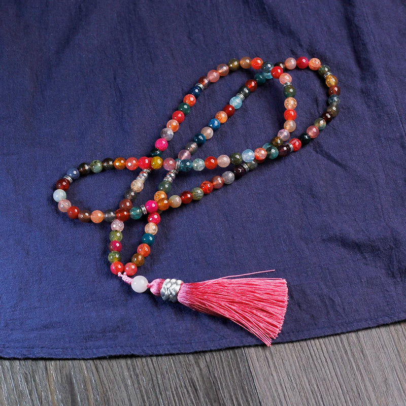 8mm Agate Jasper Women Necklace with Tassel Pendant