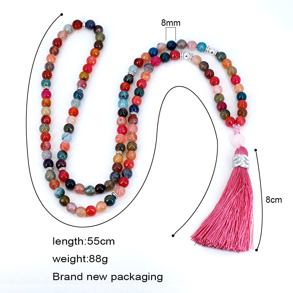 8mm Agate Jasper Women Necklace with Tassel Pendant