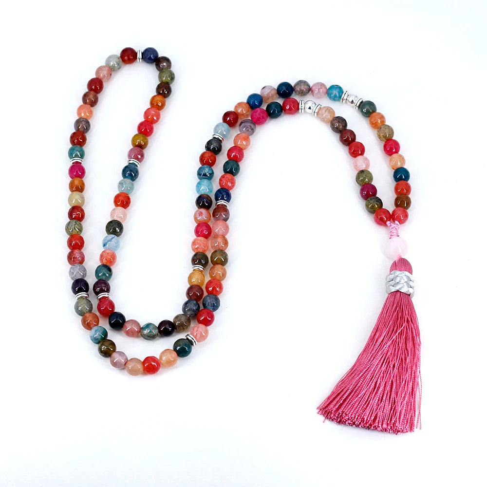 8mm Agate Jasper Women Necklace with Tassel Pendant