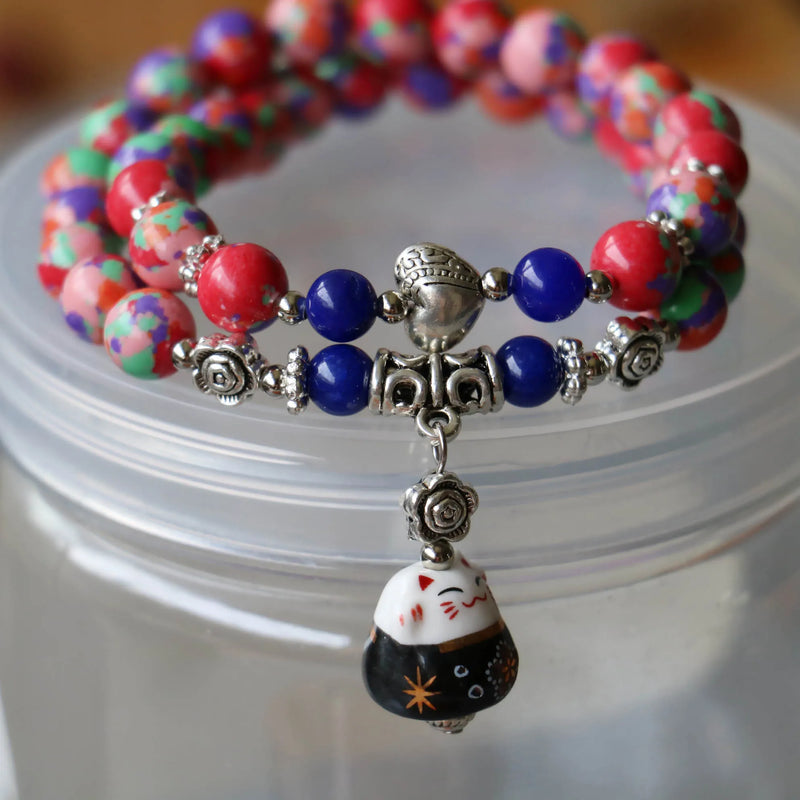 Colorful Turkey Turquoises Stone Bracelet with Cat Pendant