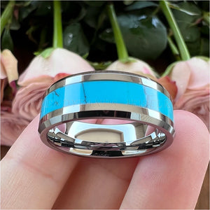8mm Tungsten Ring Abalone Shell Inlay Beveled Edges