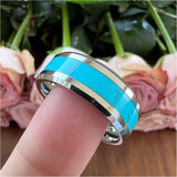 8mm Tungsten Ring Abalone Shell Inlay Beveled Edges
