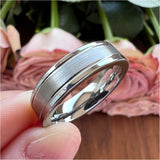 8mm Double Grooved Tungsten Carbide Ring Wedding Band Brushed Finish