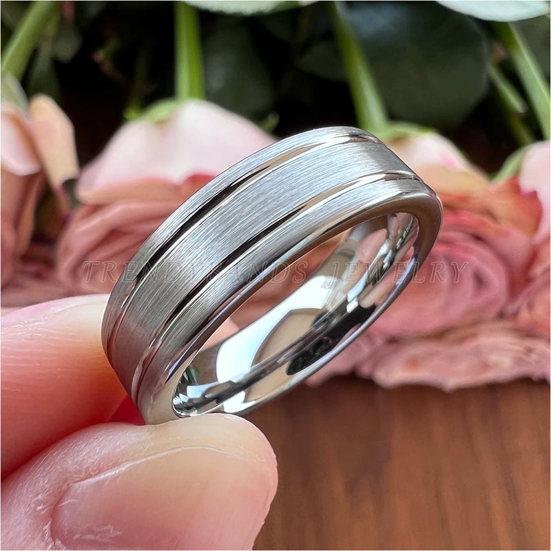 8mm Double Grooved Tungsten Carbide Ring Wedding Band Brushed Finish