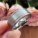 8mm Double Grooved Tungsten Carbide Ring Wedding Band Brushed Finish