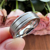 8mm Double Grooved Tungsten Carbide Ring Wedding Band Brushed Finish