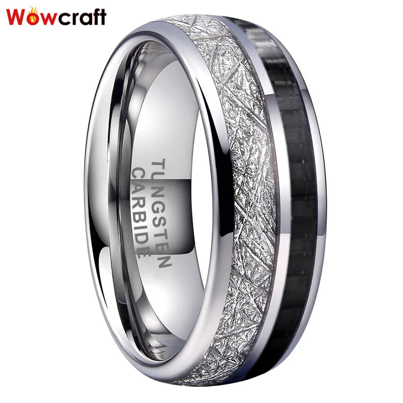 8mm Tungsten Carbide Ring Meteorite Carbon Fiber Inlay Wedding Band