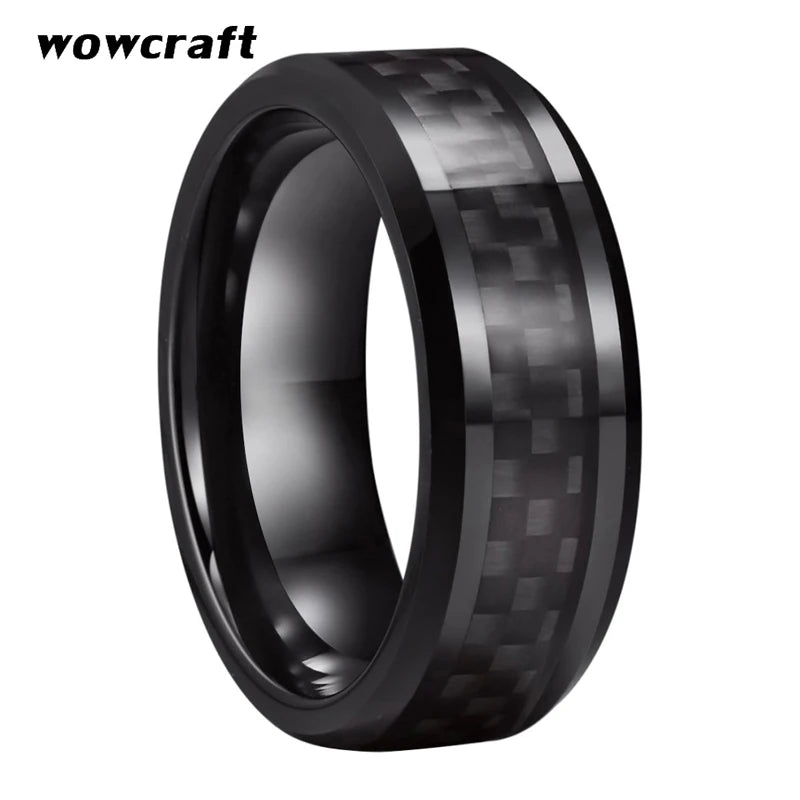 8mm Tungsten Carbide Rings for Men Carbon Fiber Inlay Beveled Edges