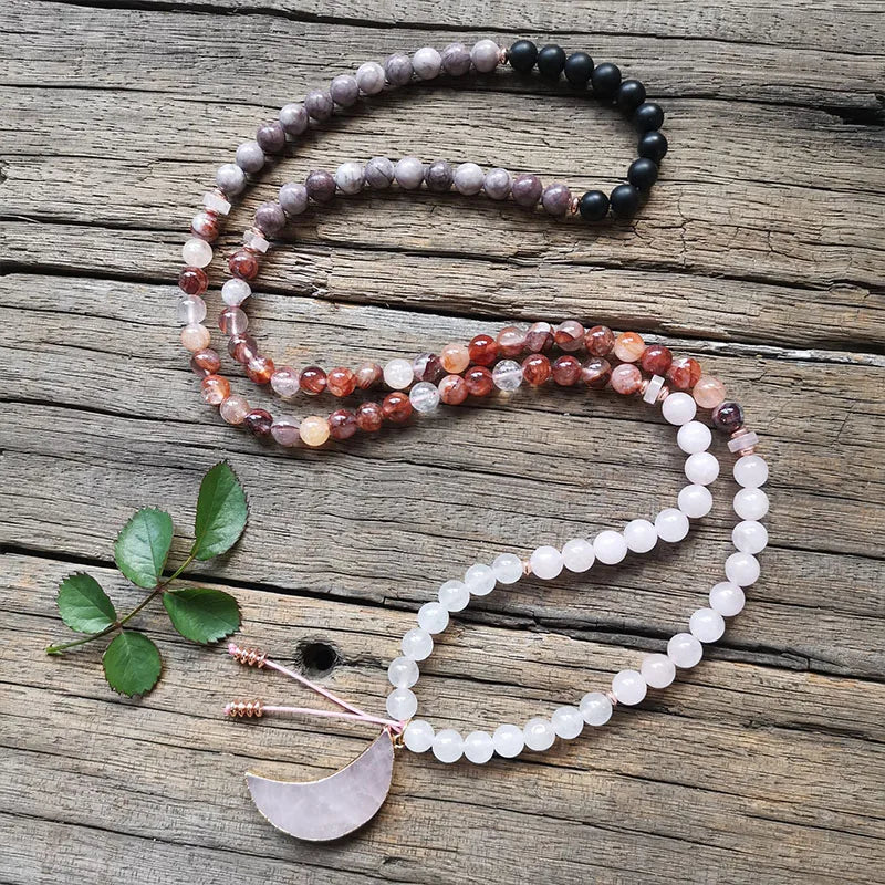 8mm Fire Quartz Purple White Stone Beads Moon Rose Quartz Pendant
