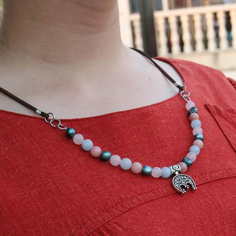 8mm Freshwater Pearls With Stones Beads Necklace, Slavic Ethnic Jewelry