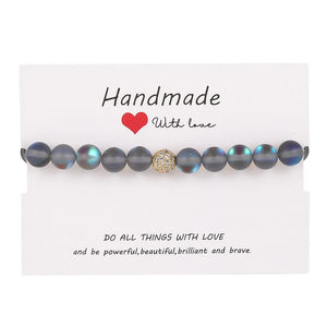 Glitter Stone Beads Bracelet with CZ Copper Charm Stretchy Jewelry