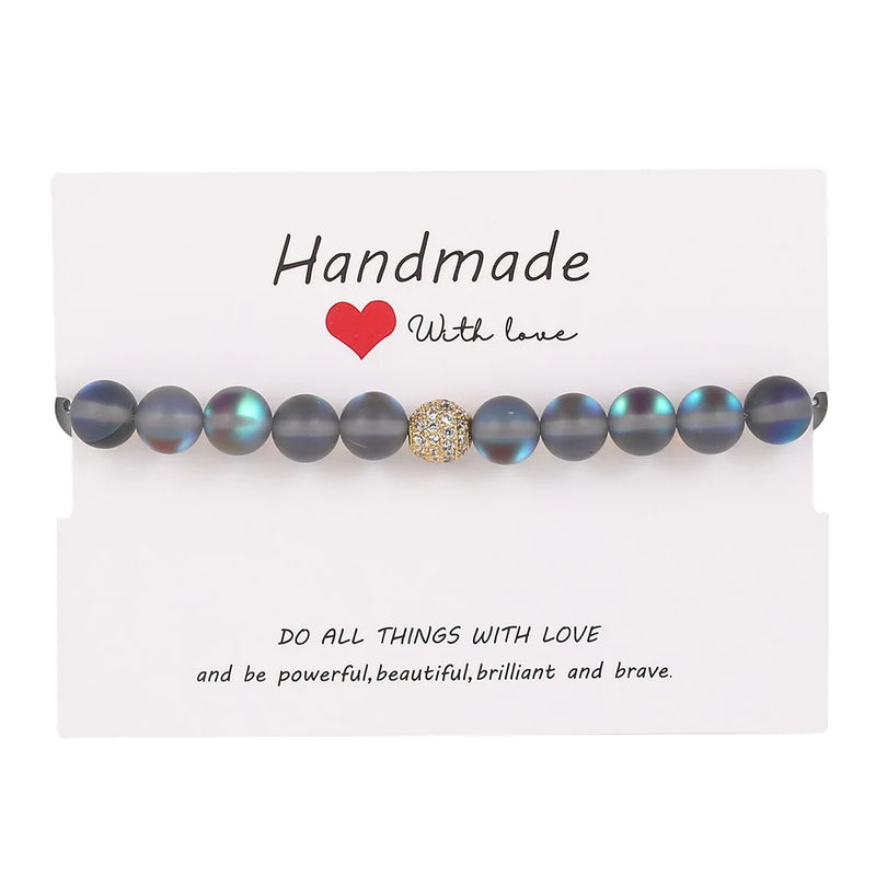 Glitter Stone Beads Bracelet with CZ Copper Charm Stretchy Jewelry