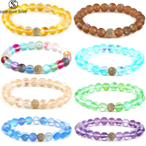 Glitter Stone Beads Bracelet with CZ Copper Charm Stretchy Jewelry