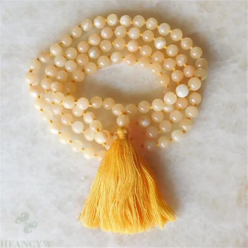 8mm Golden Calcite Stone 108 Beads Tassel Necklace Spirituality