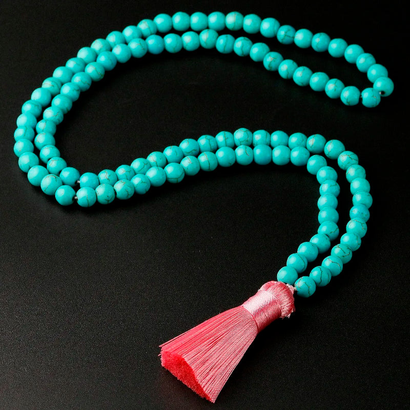 8mm Green Howlite Necklace Stone 108 Beads Buddha Tassel Charms Bracelet