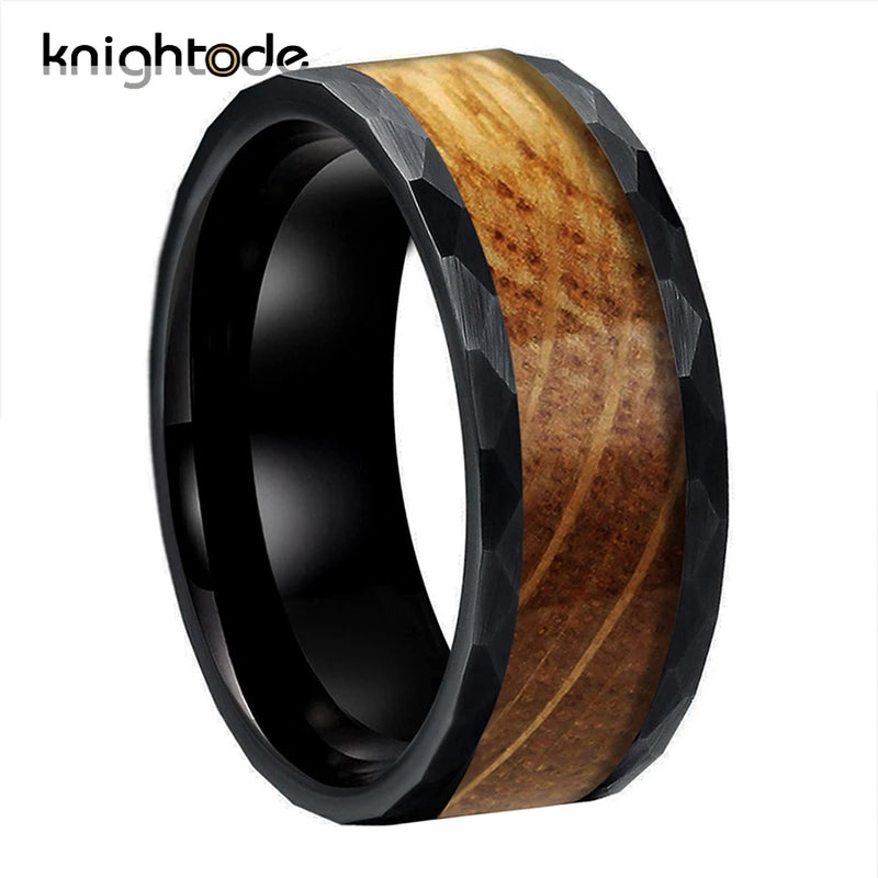 8mm Hammered Tungsten Rings with Whiskey Barrel Oak Wood Inlay