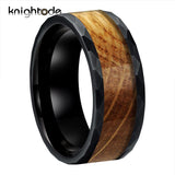 8mm Hammered Tungsten Rings with Whiskey Barrel Oak Wood Inlay