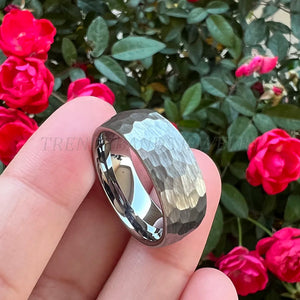 8mm Hammered Tungsten Carbide Men's Ring Brushed Finish Wedding Band