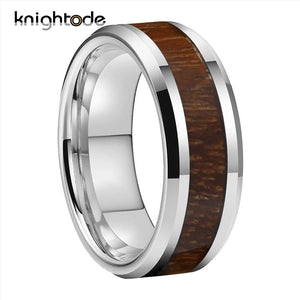 8mm Silvery Tungsten Carbide Rings with Wood Inlay for Men Women