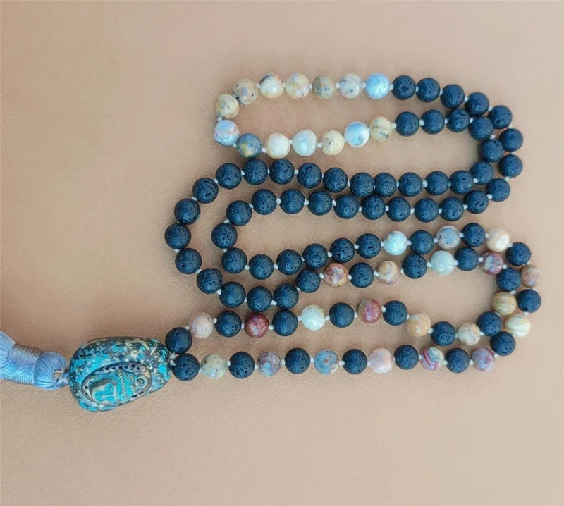 8mm Insane Agate 108 Beads Tassel Knotted Necklace Spirituality
