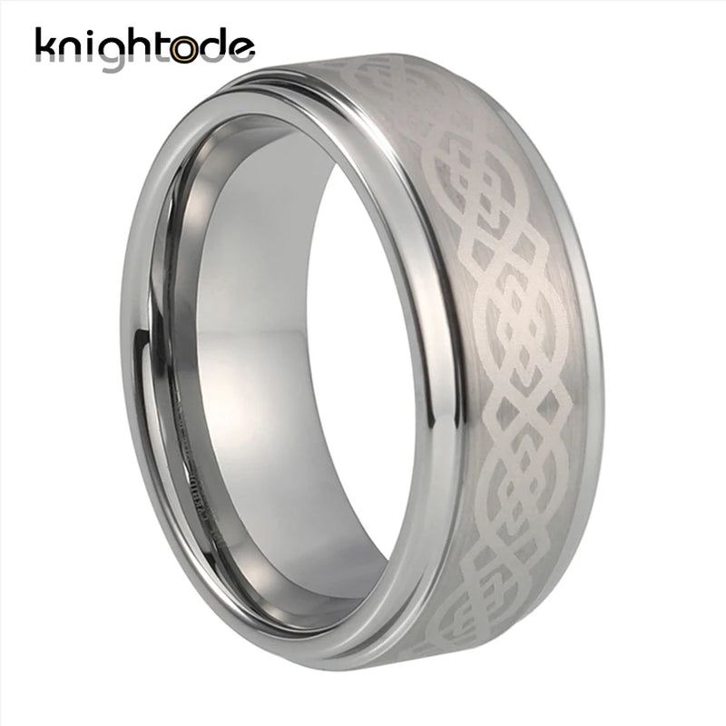 8mm Keltic Knot Tungsten Carbide Wedding Band Brushed Edges Comfort Fit