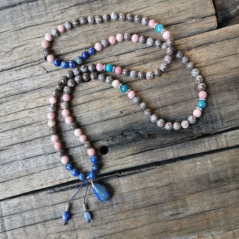 8mm Lapis Pendant Snowflake Stone Beads Apatite Prayer Bracelet