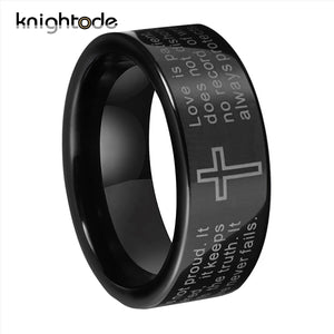 8mm Christian Lord's Prayer Cross Ring Tungsten Steel Wedding Band