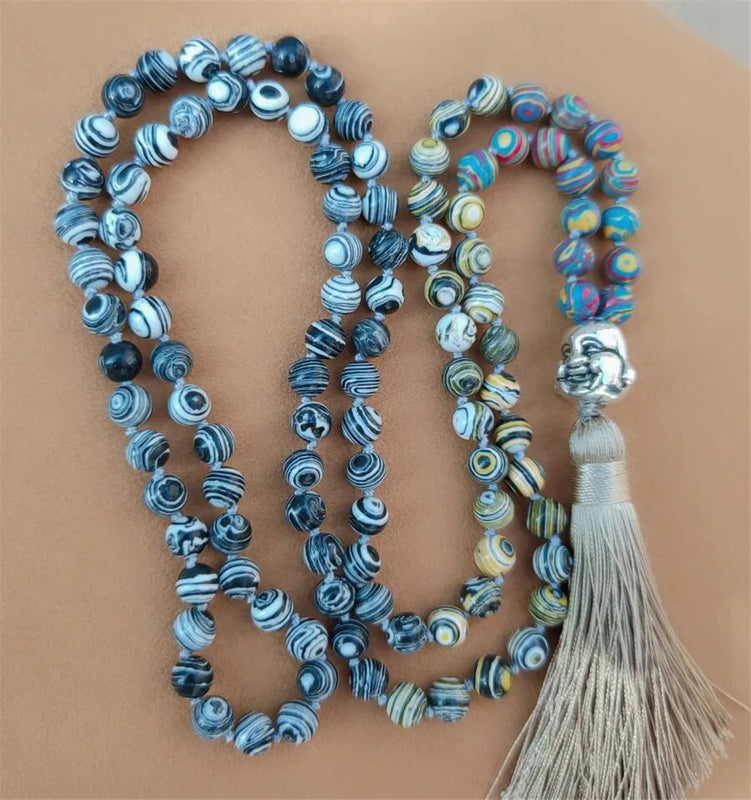 8mm Malachite 108 Beads Tassel Knotted Necklace
