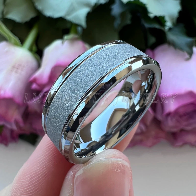 8mm Tungsten Carbide Ring Beveled Edges Sandblasted Finish