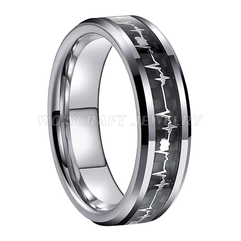 8mm Tungsten Carbide Heartbeat Wedding Band with Carbon Fiber