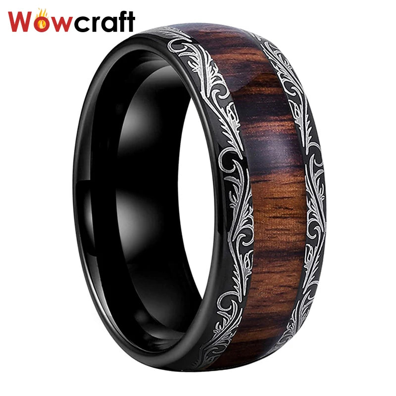 8mm Tungsten Carbide Wedding Band Koa Wood Floral Ring