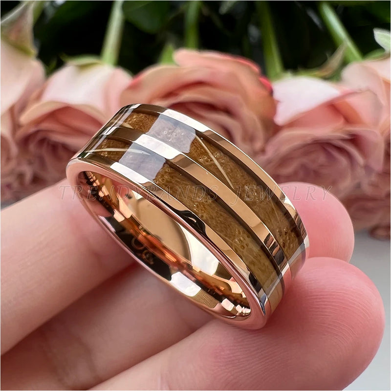 8mm Tungsten Wedding Band Whisky Barrel Wood Inlay
