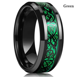 8mm Tungsten Rings Wedding Bands Celtic Dragon Green Red Carbon Fiber Inlay