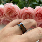 8mm Tungsten Carbide Wedding Band Koa Wood Inlay Beveled Polished