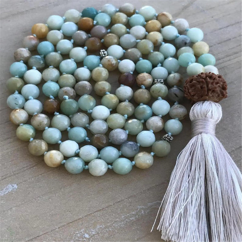 Natural Amazonite 108 Beads Gemstoneknot Necklace Bless Yoga Pray Chakra