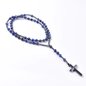 8mm Lapis Lazuli Hematite Cross Pendant Necklace Catholic Christ Mens Rosary