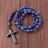 8mm Lapis Lazuli Hematite Cross Pendant Necklace Catholic Christ Mens Rosary