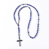 8mm Lapis Lazuli Hematite Cross Pendant Necklace Catholic Christ Mens Rosary