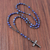 8mm Lapis Lazuli Hematite Cross Pendant Necklace Catholic Christ Mens Rosary