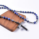 8mm Lapis Lazuli Hematite Cross Pendant Necklace Catholic Christ Mens Rosary