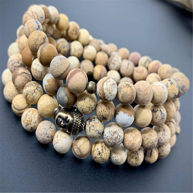 8mm Natural Picture Stone 108 Beads Multi-layer Bracelet Chakra Buddhism